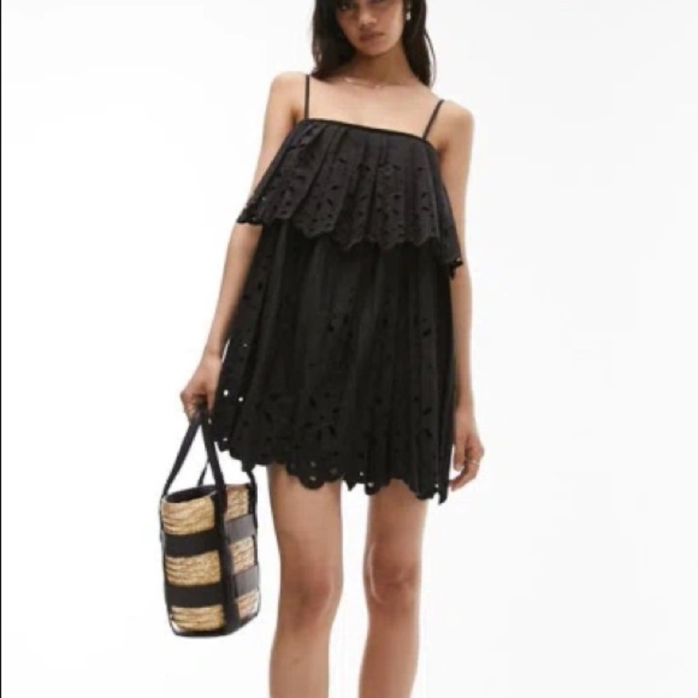Topshop Strappy Pleated Broderie Mini Dress in Black